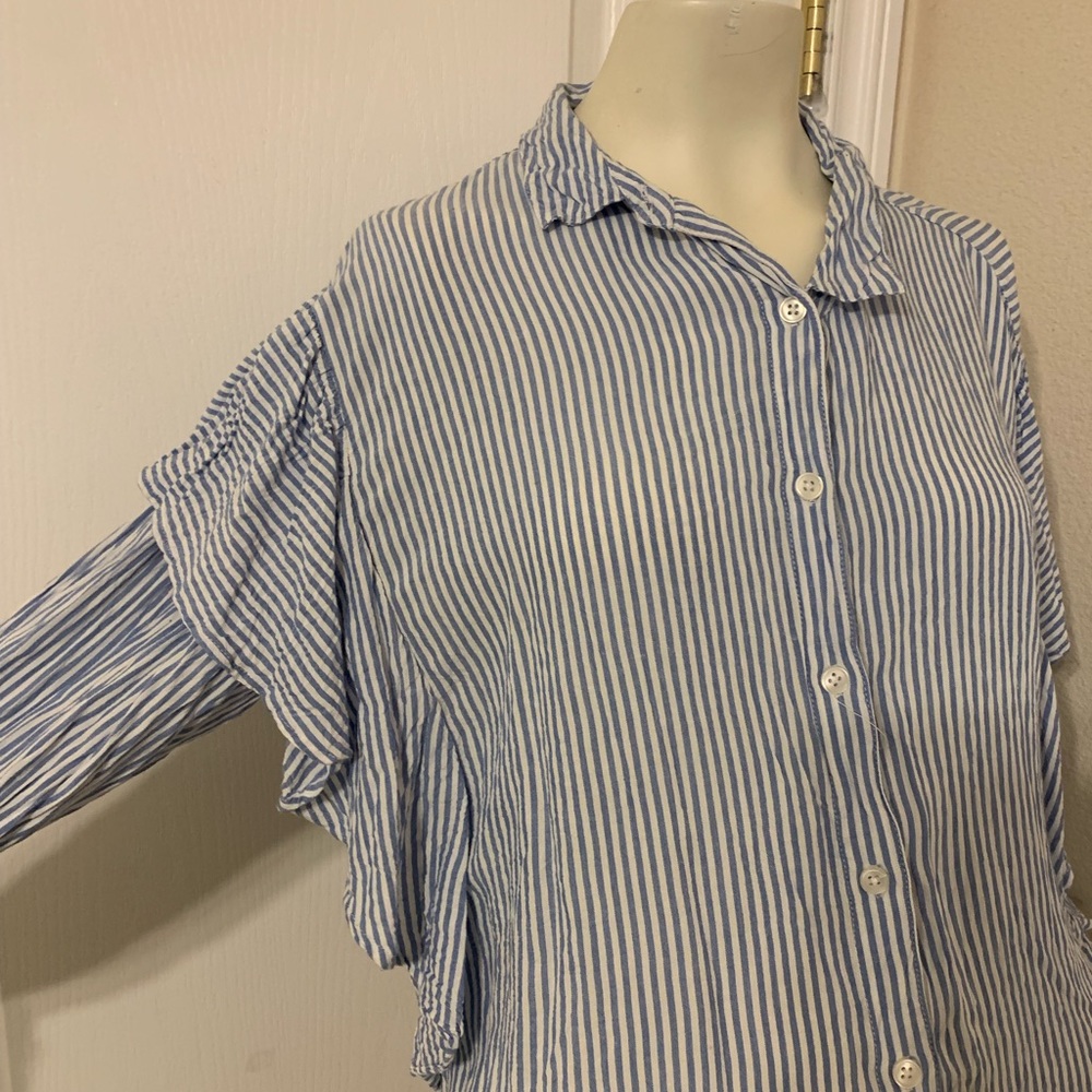 Blue & White Striped Ruffle Blouse